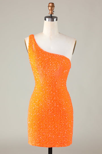 Lentejuelas Un Hombro Naranja Vestido Corto